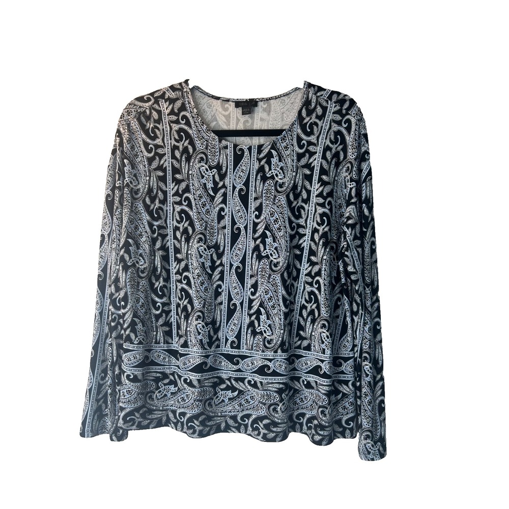 J Jill Wearever Collection PL Black Blue Paisley Stretch Jersey Knit Tunic Top